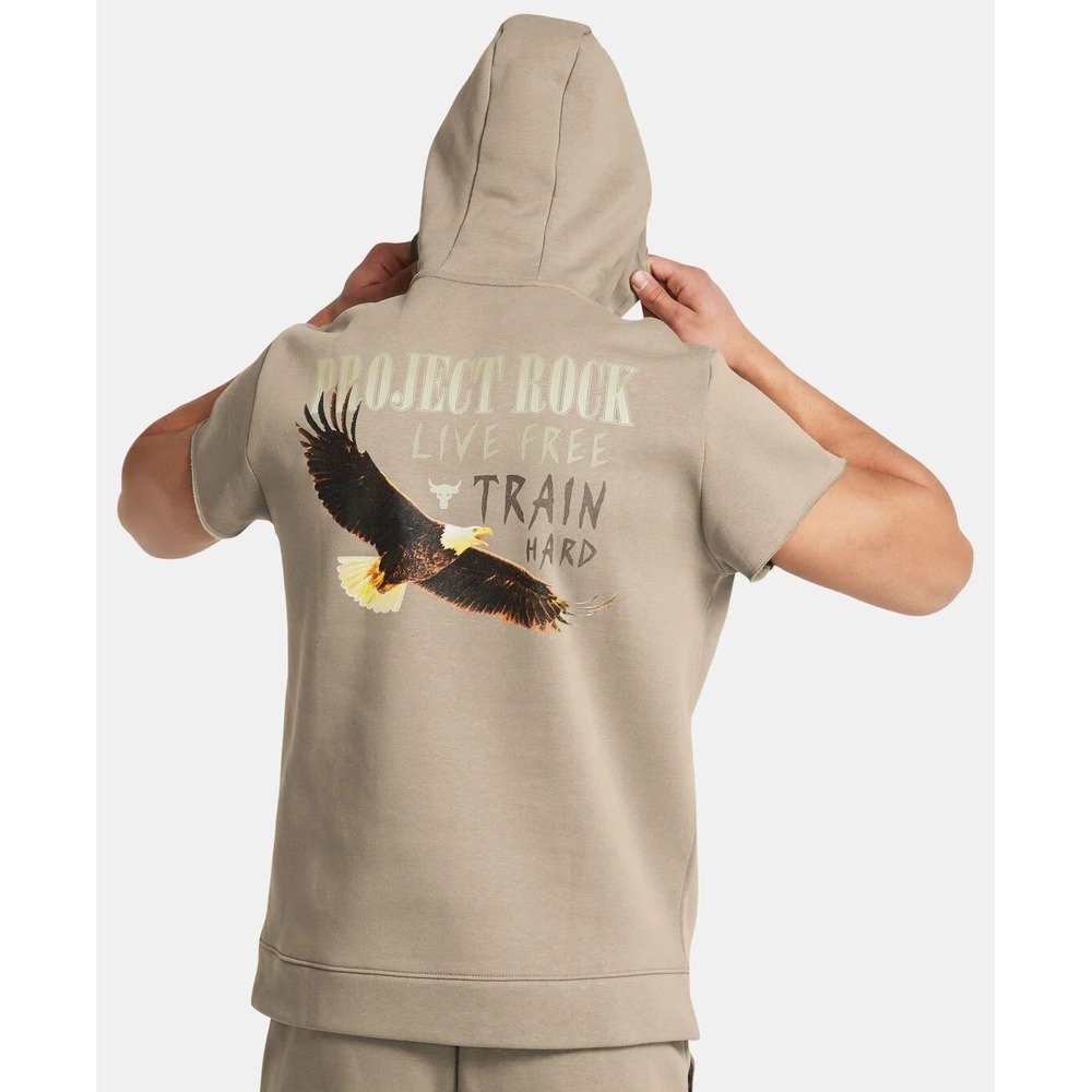 Under Armour Project Rock Short Sleeve Hoodie Eagle Graphic Tan Mens Small‎ NEW